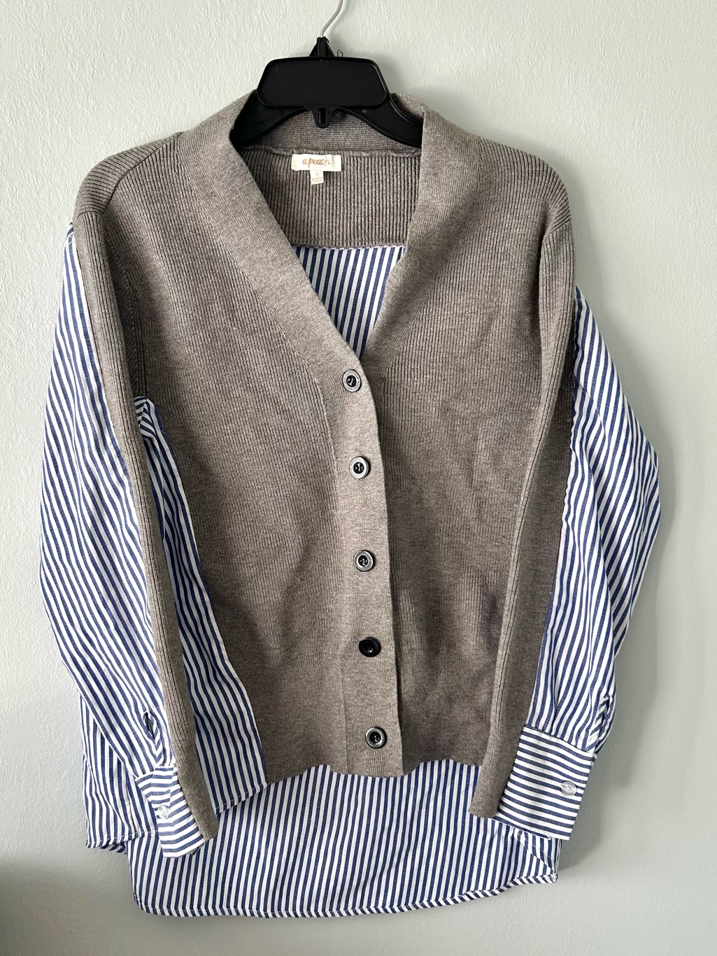 A.Peach Striped Button-Down Shirt With Gray Knit Front High Low Small Blue Gray
